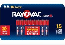 真心划算!【折后$4.99 Prime包邮】Rayovac Fusion AA碱性电池 16粒装