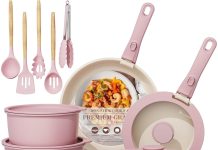 粉色太好看了!【折后$59.95 包邮】Astercook 陶瓷不粘锅21件套