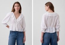 【折后$9.6 包邮】Gap 女士荷叶边V领上衣 两色选