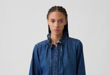 【折后$7.99 包邮】Gap 女士宽松泡泡袖荷叶领系带牛仔衬衫