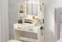 【折后$54.99 包邮】LED带充电插座梳妆台+化妆凳套装