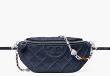 7折!多种背法!【折后$329 包邮】Tory Burch Fleming Quilted Denim 女士菱格牛仔腰包/链条斜挎包