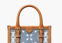 6折!【折后$196.8 包邮】Tory Burch Mini T Monogram 女士迷你提花牛仔托特包