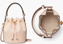 7折!【折后$278.6 包邮】Tory Burch Mini T Monogram 女士迷你压纹水桶包